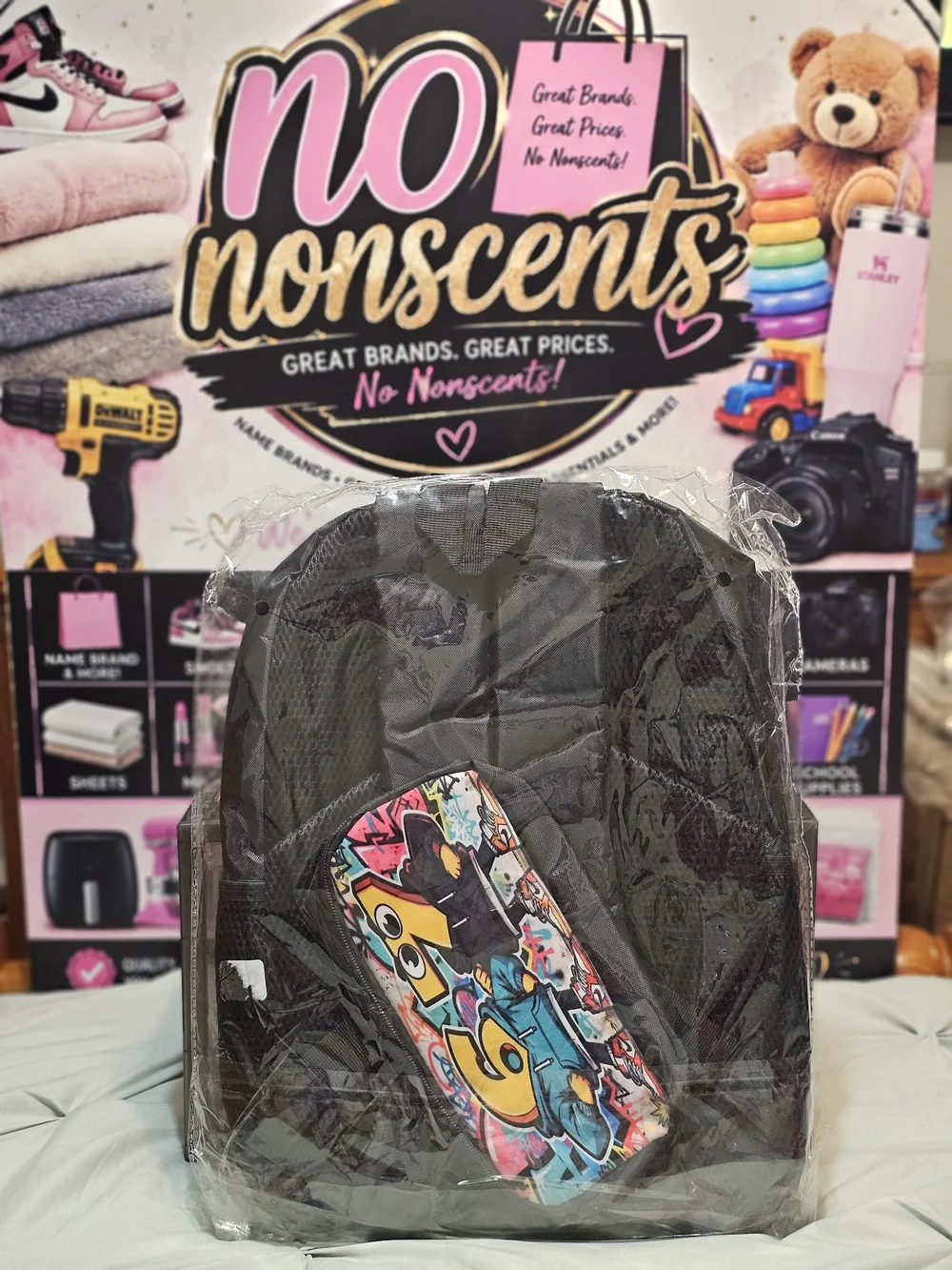 Youth Graphic Backpack - Number 67 Cartoon Design in Blue & Black